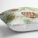 - 8383 - Realhomes Beyaz Zemin Üzerinde İnce Yaprak Desenli Kozalak Modern Yastık Kırlent Kılıfı Realhomes