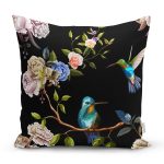 - 8384 - Realhomes Siyah Zemin Üzerinde Kuş Desenli Dijital Baskılı Modern Yastık Kırlent Kılıfı Realhomes