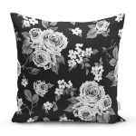 Siyah Zemin Üzerinde Çiçek Desenli Dijital Baskılı Modern Yastık Kırlent Kılıfı Realhomes