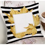 - 8398 - Realhomes Beyaz Zemin Üzerinde Siyah Çizgili Sonbahar Yaprak Desenli Yastık Kırlent Kılıfı Realhomes