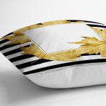 - 8398 - Realhomes Beyaz Zemin Üzerinde Siyah Çizgili Sonbahar Yaprak Desenli Yastık Kırlent Kılıfı Realhomes