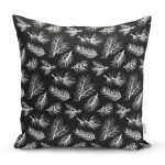 - 8414 - Realhomes Siyah Zemin Üzerinde Beyaz Yaprak Desenli Yastık Kırlent Kılıfı Realhomes