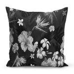 - 8417 - Realhomes  Siyah Zeminli Beyaz Çiçek Desenli Dijital Baskılı Modern Yastık Kırlent Kılıfı Realhomes