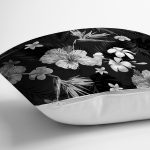 - 8417 - Realhomes  Siyah Zeminli Beyaz Çiçek Desenli Dijital Baskılı Modern Yastık Kırlent Kılıfı Realhomes