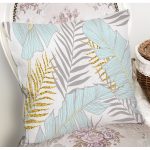 - 8418 - Realhomes Beyaz Zemin Üzerinde Gold Detaylı Yaprak Desenli Modern Yastık Kırlent Kılıfı Realhomes