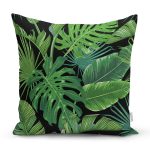 - 8428 - Realhomes Siyah Zemin Üzerinde Yeşil Yaprak Desenli Yastık Kırlent Kılıfı Realhomes