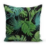 - 8430 - Realhomes  Siyah Zemin Üzerinde Yeşil Yaprak Desenli Yastık Kırlent Kılıfı Realhomes