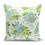 Beyaz Zemin Üzerinde Yeşil Rengarenk Çiçek Desenli Modern Yastık Kırlent Kılıfı Realhomes