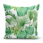 - 8437 - Realhomes Beyaz Zemin Üzerinde Yeşil Yaprak Desenli Yastık Kırlent Kılıfı Realhomes