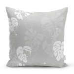 - 8450 - Realhomes Gri Zeminli Beyaz Yaprak Desenli Dijital Baskılı Modern Yastık Kırlent Kılıfı Realhomes