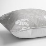 - 8450 - Realhomes Gri Zeminli Beyaz Yaprak Desenli Dijital Baskılı Modern Yastık Kırlent Kılıfı Realhomes