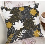 - 8453 - Realhomes Siyah Zemin Üzerinde Gold Detaylı Yaprak Desenli Modern Yastık Kırlent Kılıfı Realhomes