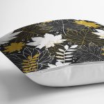 - 8453 - Realhomes Siyah Zemin Üzerinde Gold Detaylı Yaprak Desenli Modern Yastık Kırlent Kılıfı Realhomes