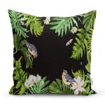 - 8470 - Realhomes  Siyah Zemin Üzerinde Yaprak Desenli Dijital Baskılı Modern Yastık Kırlent Kılıfı Realhomes