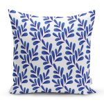 - 8471 - Realhomes Beyaz Zeminli Mavi Yaprak Desenli Dijital Baskılı Modern Yastık Kırlent Kılıfı Realhomes