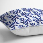 - 8471 - Realhomes Beyaz Zeminli Mavi Yaprak Desenli Dijital Baskılı Modern Yastık Kırlent Kılıfı Realhomes