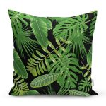 - 8475 - Realhomes Siyah Zemin Üzerinde Yeşil Yaprak Desenli Yastık Kırlent Kılıfı Realhomes