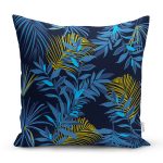 - 8483 - Realhomes Siyah Zemin Üzerinde Gold Detaylı Mavi Yaprak Desenli Yastık Kırlent Kılıfı Realhomes