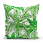 - 8485 - Realhomes  Beyaz Zemin Üzerinde Yeşil Yaprak Desenli Yastık Kırlent Kılıfı Realhomes