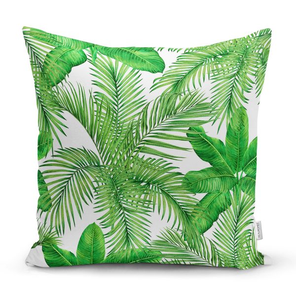 - 8485 - Realhomes  Beyaz Zemin Üzerinde Yeşil Yaprak Desenli Yastık Kırlent Kılıfı Realhomes