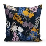 - 8501 - Realhomes  Siyah Zeminli Renkli Yaprak Desenli Dijital Baskılı Modern Yastık Kırlent Kılıfı Realhomes