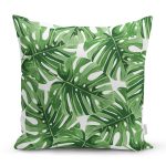 - 8502 - Realhomes Beyaz Zemin Üzerinde Yeşil Yaprak Desenli Yastık Kırlent Kılıfı Realhomes