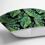 - 8507 - Realhomes Siyah Zemin Üzerinde Yaprak Desenli Dijital Baskılı Modern Yastık Kırlent Kılıfı Realhomes