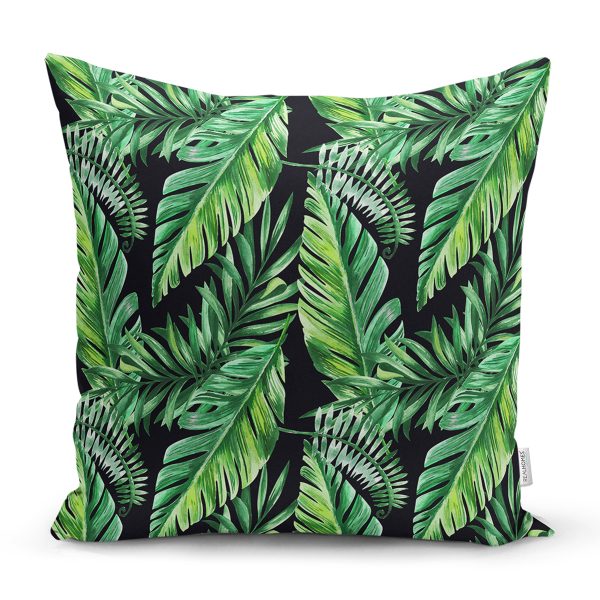 - 8507 - Realhomes Siyah Zemin Üzerinde Yaprak Desenli Dijital Baskılı Modern Yastık Kırlent Kılıfı Realhomes