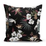 Siyah Zeminli Beyaz Çiçek Desenli Dijital Baskılı Modern Yastık Kırlent Kılıfı Realhomes