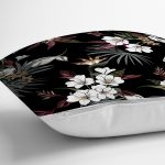 Siyah Zeminli Beyaz Çiçek Desenli Dijital Baskılı Modern Yastık Kırlent Kılıfı Realhomes