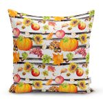 - 8525 - Realhomes Beyaz Zemin Üzerinde Siyah Çizgili Bal Kabağı Desenli Yastık Kırlent Kılıfı Realhomes