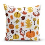 Beyaz Zemin Üzerinde Sonbahar Desenli Bal Kabağı Modern Yastık Kırlent Kılıfı Realhomes