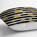 - 8533 - Realhomes  Beyaz Zemin Üzerinde Siyah Çizgili Gold Detaylı Bal Kabağı Yastık Kırlent Kılıfı Realhomes