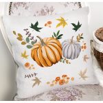 - 8543 - Realhomes Beyaz Zeminli Bal Kabağı Desenli Dijital Baskılı Modern Yastık Kırlent Kılıfı Realhomes