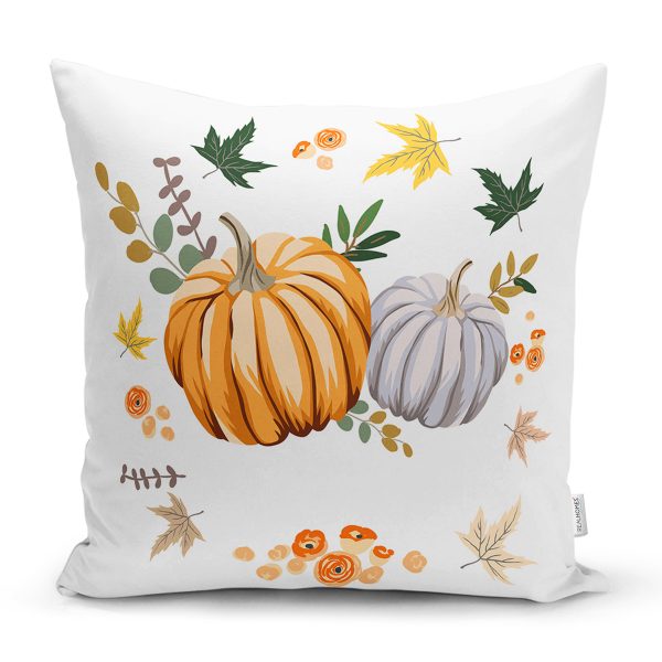 - 8543 - Realhomes Beyaz Zeminli Bal Kabağı Desenli Dijital Baskılı Modern Yastık Kırlent Kılıfı Realhomes