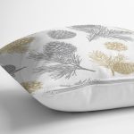 - 8549 - Realhomes Beyaz Zemin Üzerinde Gold Detaylı Kozalak Desenli Modern Yastık Kırlent Kılıfı Realhomes