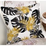- 8553 - Realhomes  Beyaz Zemin Üzerinde Gold Detaylı Siyah Yaprak Desenli Yastık Kırlent Kılıfı Realhomes