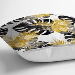 - 8553 - Realhomes  Beyaz Zemin Üzerinde Gold Detaylı Siyah Yaprak Desenli Yastık Kırlent Kılıfı Realhomes