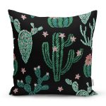 - 8555 - Realhomes Siyah Zemin Üzerinde Yeşil Kaktüs Desenli Yastık Kırlent Kılıfı Realhomes