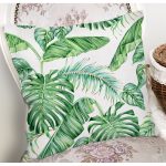 - 8563 - Realhomes  Beyaz Zemin Üzerinde Yeşil Yaprak Desenli Yastık Kırlent Kılıfı Realhomes