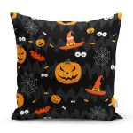 - 8571 - Realhomes Siyah Zeminli Bal Kabağı Desenli Dijital Baskılı Modern Yastık Kırlent Kılıfı Realhomes