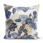 - 8574 - Realhomes  Beyaz Zemin Üzerinde Gold Detaylı Yaprak Desenli Modern Yastık Kırlent Kılıfı Realhomes