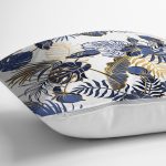 - 8574 - Realhomes  Beyaz Zemin Üzerinde Gold Detaylı Yaprak Desenli Modern Yastık Kırlent Kılıfı Realhomes