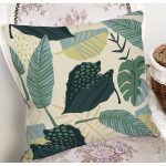 - 8587 - Realhomes Pastel Zeminli Yeşil Yaprak Desenli Dijital Baskılı Modern Yastık Kırlent Kılıfı Realhomes