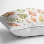 - 8590 - Realhomes Beyaz Zemin Üzerinde Sonbahar Desenli Yaprak Motifli Yastık Kırlent Kılıfı Realhomes