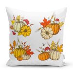 - 8599 - Realhomes Beyaz Zemin Üzerinde Renkli Balkabağı Desenli Dijital Baskılı Modern Yastık Kılıfı Realhomes