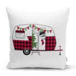 - 8610 - Realhomes Beyaz Zemin Üzerinde Ekose Desenli Karavan Motifli Modern Yastık Kırlent Kılıfı Realhomes