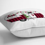 - 8610 - Realhomes Beyaz Zemin Üzerinde Ekose Desenli Karavan Motifli Modern Yastık Kırlent Kılıfı Realhomes