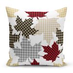 - 8624 - Realhomes Beyaz Zeminli Ekoseli Yaprak Desenli Dijital Baskılı Modern Yastık Kırlent Kılıfı Realhomes