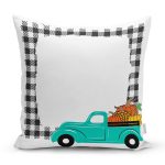 - 8634 - Realhomes Ekose Çerçeveli Bal Kabaklı Araba Dijital Baskılı Modern Yastık Kırlent Kılıfı Realhomes